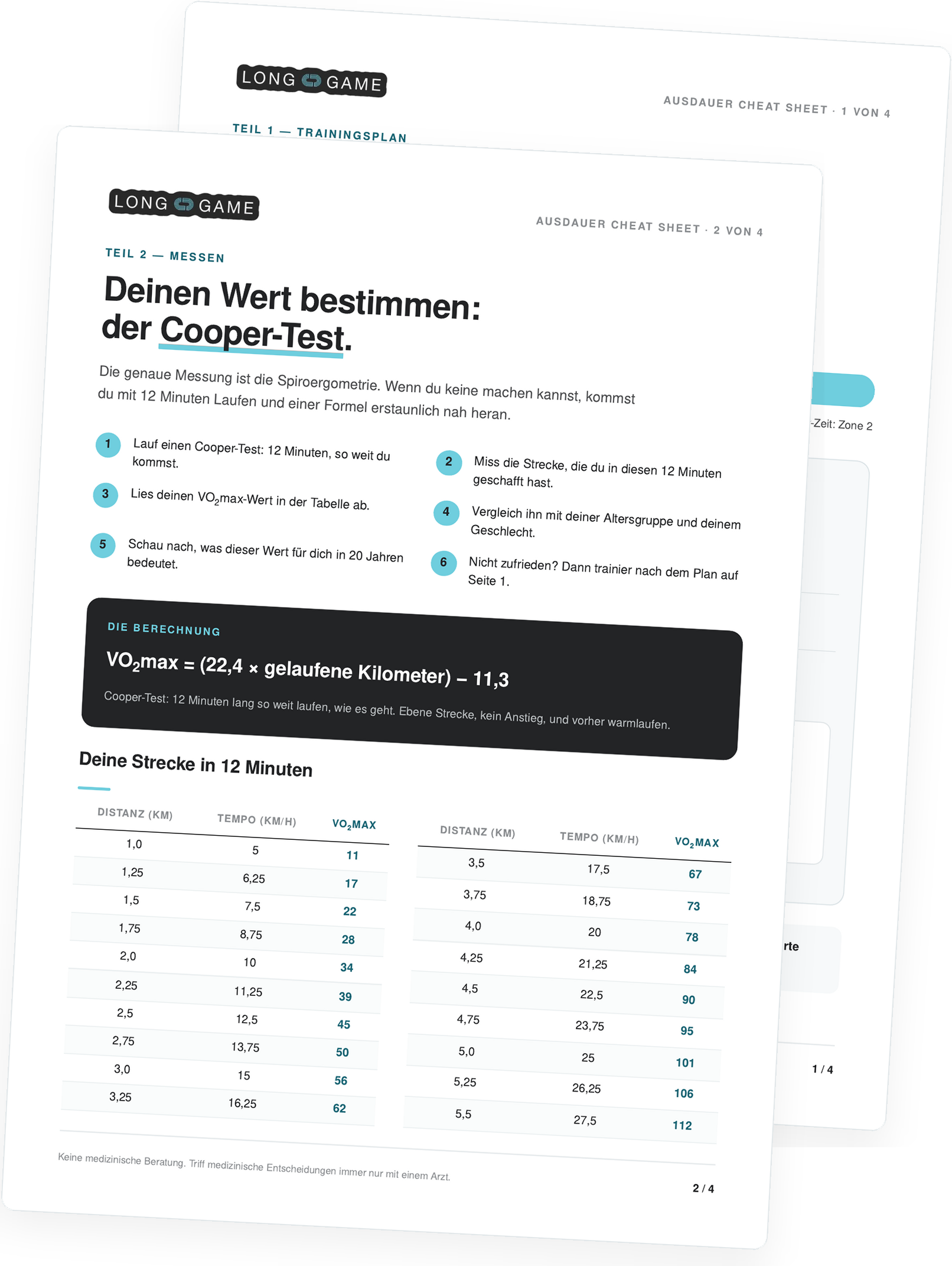 Vorschau auf zwei Seiten des Ausdauer-Cheat-Sheets: Trainingsplan und Cooper-Test